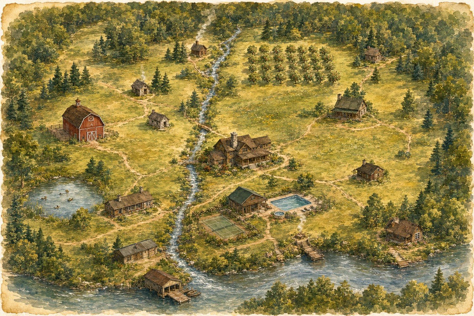 Watercolor aerial of Meramec Ridge Ranch
